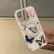 Funda para teléfono 1PC Cinco Patrones de Diseño, Acrílico Trasero de Alta Transparencia Fuerte Soporte de Succión Magnético Giratorio Magnético, Fondo Transparente y Liso Soporte Vertical Anticaída Teléfono Móvil, Adecuado 16Promax, 16 15Pro 14 13P - Blanco - Ver 3