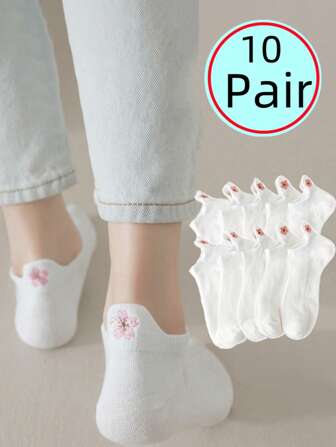 3/6/10 双女士白色夏季新款樱花印花舒适学院风船袜防滑跟袜，适合 JK 风格