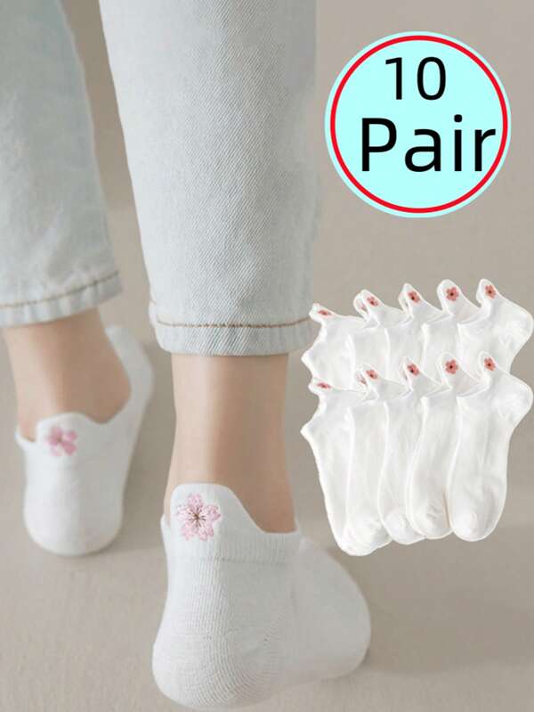3/6/10 Paar Damen Weiße Sommersocken mit Kirschblüten-Muster, komfortabel im College-Stil mit rutschfester Ferse, geeignet für JK-Stil