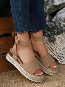 Summer Fashion Casual Straw Buckle Strap Peep Toe Criss-Cross Braided Rope Flat Sandals, Solid Color Metal Buckle Woven Slingback Shoes For Women, Suitable For Vacation And Commute, Classic Khaki Platform Wedge Sandals - Khaki - View 6