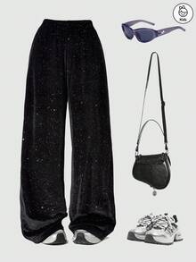 Fashion Girls' Shiny Fabric Wide Leg Pants, Suitable For Spring, Autumn, Winter, Birthdays, Parties, Cute, Casual, Streetwear, Outdoor, Elegant, Easy To Match With Daily Wear