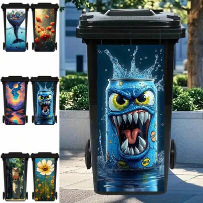 3D Cartoon Can Emoticons, Ocean Garbage, Flowers, Owls Printed Trash Can Sticker Waterproof PVC Outdoor Rubbish Bin Garbage Can Poster Peel And Stick 4 Sizes