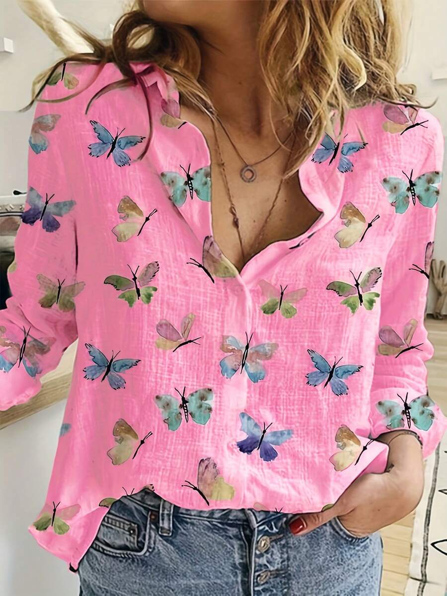 Camisa elegante de manga larga con estampado de mariposas para mujer,Camisas de mujer,Top informal de manga larga con botones - Rosa - Ver 1