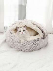 1pc Plush Round Pet Bed, Fluffy Soft Cat Bed, Donut Pet Cushion, Winter 2 In 1 Cat Bed, Warm Sleeping Bag Sofa Cushion - Coffee Brown - View 3