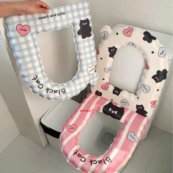 1pc Cartoon Cat Lace Toilet Seat Cover, 2025 New Waterproof Adhesive Toilet Mat, Cute Creative Toilet Seat Pad, Christmas Gift