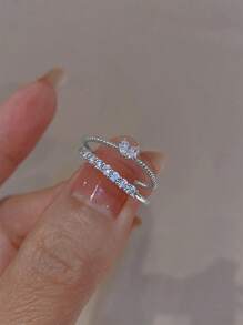 2pcs Women's Adjustable Open Crystal Heart Design Rings, Sweet & Fresh