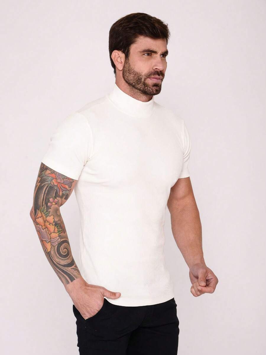 American Style Ribbed Turtleneck T-Shirt - White - View 1