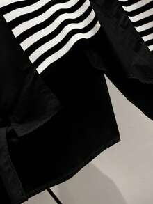 Women's Casual Asymmetric Striped Color Block Drop Shoulder Long Sleeve Button Down Collar Pocket Loose Blouse With Back Slit, Autumn