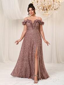 YISIKADO Vestido de fiesta largo para mujer de talla grande con tirantes de espagueti, escote en V profundo, manga corta, hombros descubiertos y adornos de volantes, para ceremonia, fiesta, boda, graduación o cena