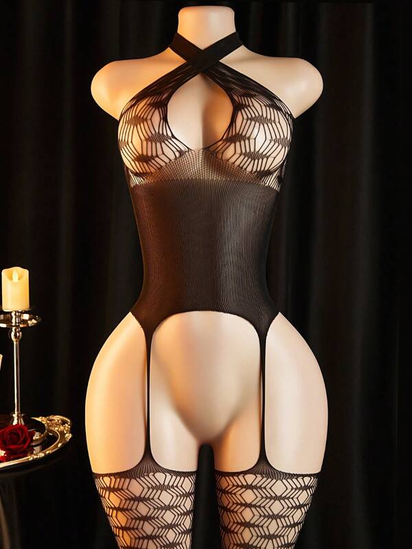 Sexy Black Fishnet Bodysuit With Crisscross Design And Thigh High Fishnets – Erotic Lingerie For Women