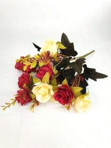 1束红玫瑰假花丝绸花适用于室内外家居房间墙壁办公室阳台厨房和餐厅装饰，仿真花塑料植物无需花瓶人造花适用于花园婚礼波西米亚风节日花瓶装饰，人造花可作为生日礼物母亲节春夏庭院节日圣诞节万圣节装饰派对用品