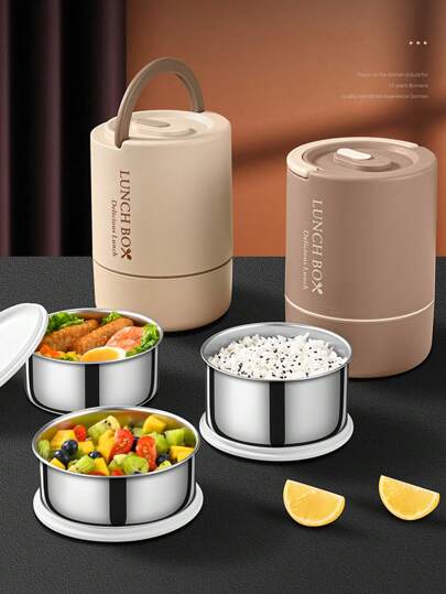 4pcs Portable Thermal Insulated Lunch Container Set (47.5oz), Suitable For Adults And Kids, Stackable 304 Stainless Steel Bento Box With Utensils, For Hot Food, Insulated Lunch Bag, Induction Cooktop And Microwave Friendly