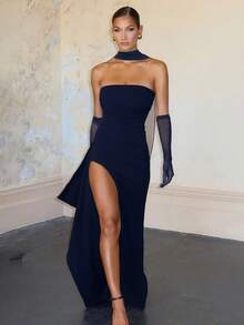 Strapless Sexy Fitted Slit Flowy Dress, Bridesmaid Dress, Halloween Christmas Party Dress, Elegant - Navy Blue - View 2