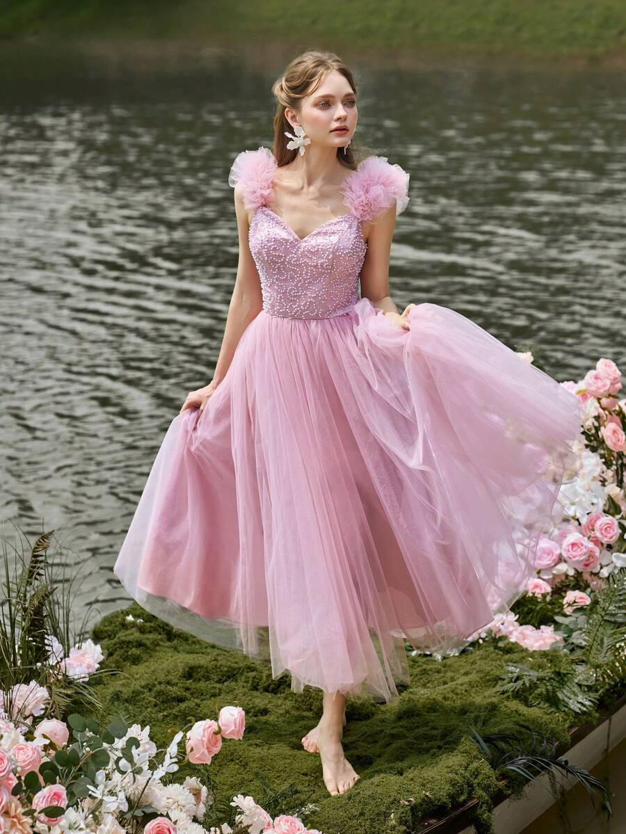 Gorgeous Midi Graduation Dress With Beaded Bodice, Tulle Ruffle Sleeves, Tiered Ruffled Skirt - Birthday Women Outfits For Wedding Guest Outfits, Graduation Proms, Cocktail Parties & Garden Galas - Pink - View 1