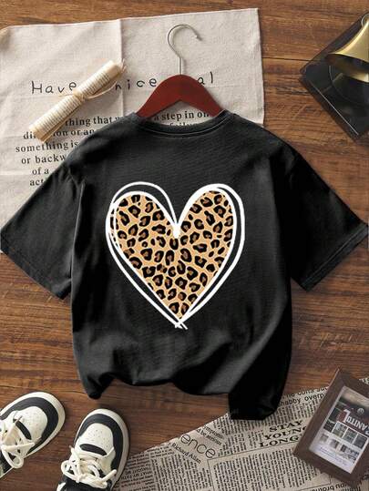 1 件女童文字印花休闲短袖套头 T 恤，舒适时尚青少年学生夏季上衣