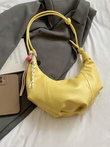 1pc Plain Color PU Shoulder Bag, Large Capacity Crescent-Shaped Handbag, Suitable For Adult Women, Fashion Outfit, Outdoor Shopping - Yellow - View 5