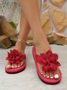 女士平底人字拖凉鞋，纯色波西米亚休闲一脚蹬人字拖，带贴花，沙滩和户外穿着，夏季