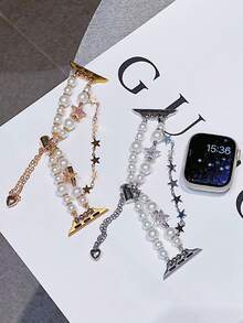 时尚表带，珍珠串珠，时尚女式双链设计，闪亮星星吊坠，兼容 表带 41 毫米、40 毫米 38 毫米、42 毫米 44 毫米、45 毫米 49 毫米，女士可爱表带，SE 9 8 7 6 5 4 3 21 1，情侣礼物，手链和表带 - 白色珍珠 - 查看 9