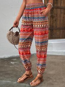 Pantaloni lunghi da donna con coulisse in vita e tasche, pantaloni casual alla moda con stampe