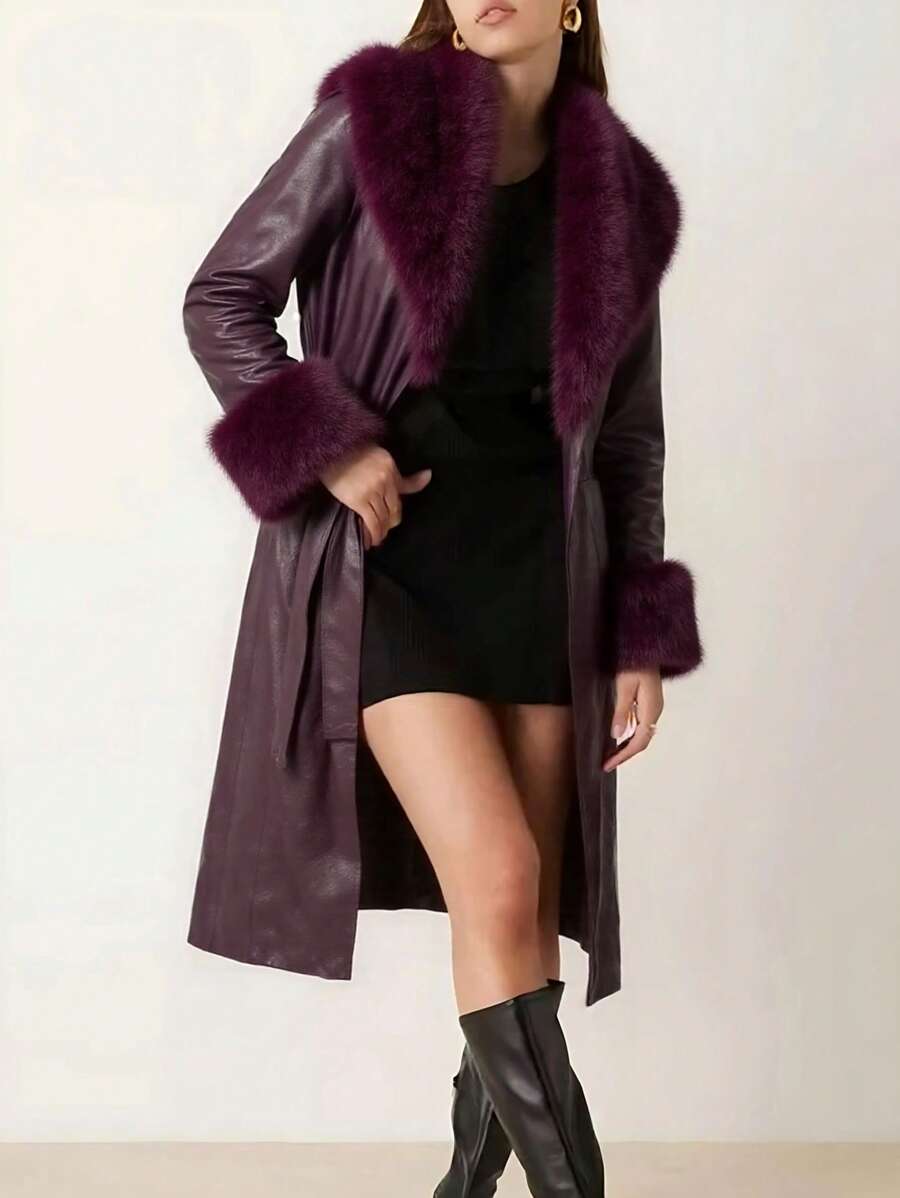 Elegant Women's Long PU Leather Coat With PU Leather Belt, Luxurious Faux Fur Collar And Cuffs, Suitable For Holiday, Birthday Party, Formal Evening, Everyday, Travel, Autumn/Winter
