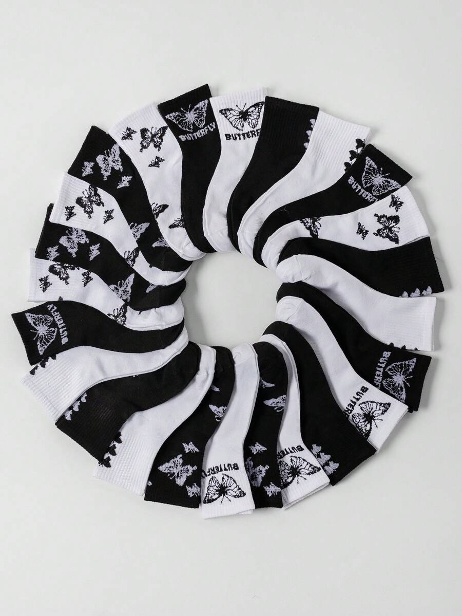 20/10 双黑白蝴蝶袜，踝袜，短袜，青少年街头风格袜子，运动袜，休闲运动，适合 1-16 岁女孩，黑白蝴蝶图案 - 彩色 - 查看 1