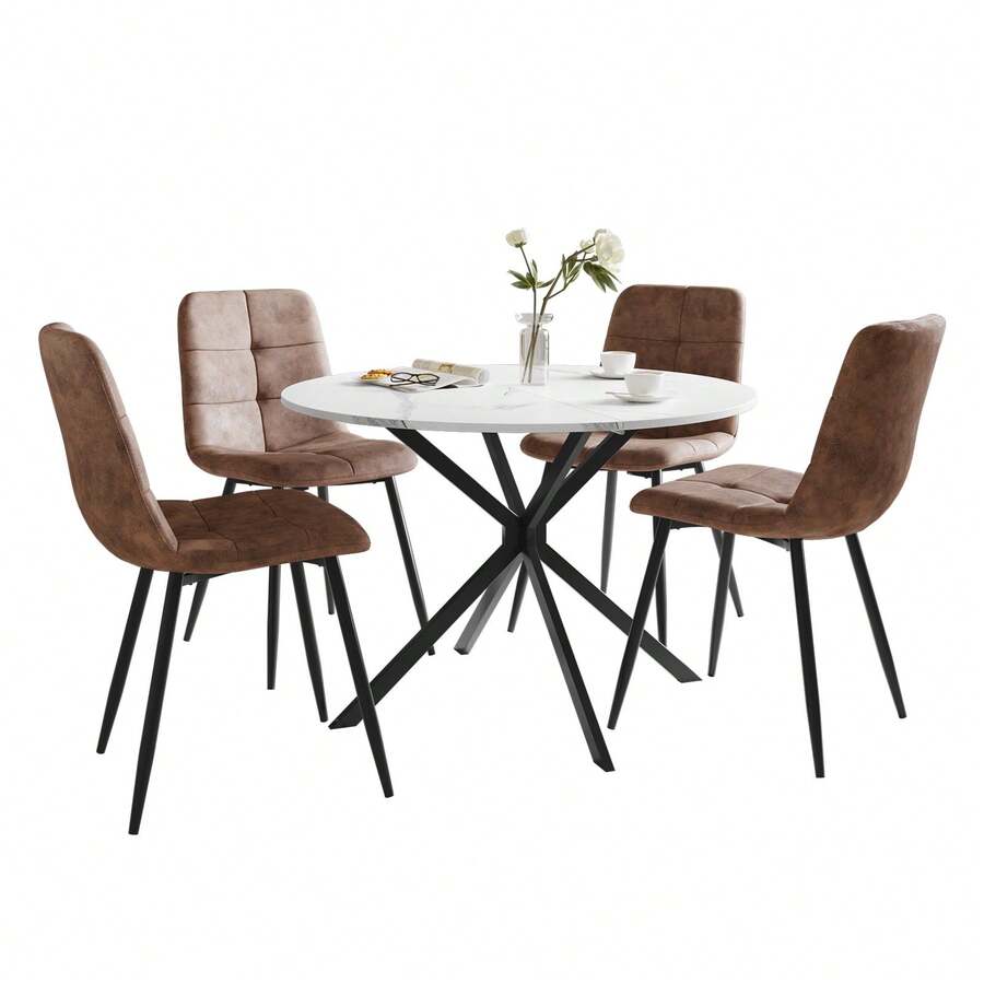 Dining Table And Chairs Set Of 2, Folding Round Dining Table With 4 PU Leather Chairs For Dining Room,Kitchen,Living Room - White Table + 4PU Brown Chair - View 1