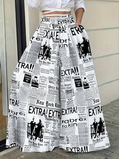 Pantalon décontracté à taille haute avec imprimé aléatoire pour femmes, élégant pour les vacances d'été et de printemps en blanc