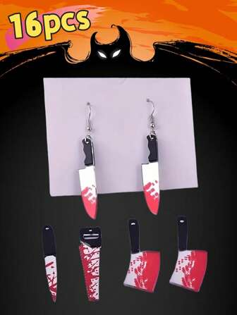 16pcs Halloween Unique Items, Funny Creative Knife Acrylic Pendant, Jewelry DIY Pendant, Earring Necklace Accessories, Holiday Party Decoration, Suitable For Daily And Party Wear, Gift Giving, Suitable For All Seasons, Are Perfect Holiday Gifts For Family And Friends
