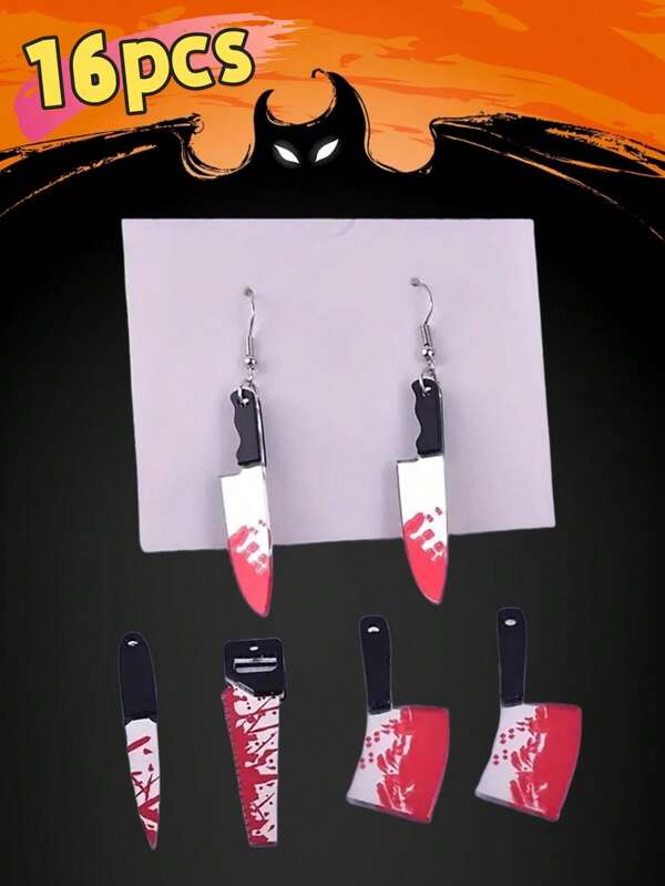 16 piezas de artículos únicos de Halloween, divertientes y creativos colgantes acrílicos con forma de cuchillo, accesorios para hacer joyas como pendientes, collares, decoración para fiestas y festividades, adecuado para uso diario y para fiestas, un regalo perfecto para familiares y amigos en todas las épocas del año