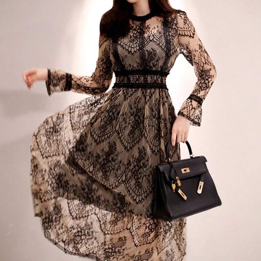 2025 New Elegant Fashion Waist Joint Lace Base Openwork Lace Dress - 黑色 - 查看 1