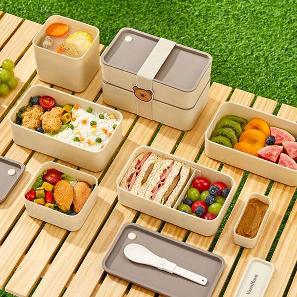 1pc Plastic Lunch Box With Lid, Portable Sealed Bento Boxes With Cartoon Straps, Reusable Food Containers Suitable For Students & Adult Use In School, Office, Picnic, Stackable Food Fresh-Keeping Box Dinnerware For Meal Prep, Microwave & Refrigerator And Dishwasher Safe