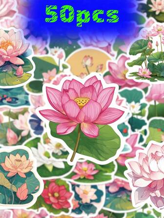 50pcs Lotus Flower Stickers, Suitable For Fridge, Luggage, Phone Case, Cupboard, Drawer, Bedroom, Classroom, Holiday, Learning Reward, Journal Decorations