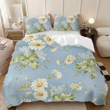 Conjunto de ropa de cama estilo pastoral (1*Funda nórdica + 1/2*Funda de almohada, sin relleno), Conjunto de ropa de cama con estampado de margaritas azules frescas, Suave, cómodo y transpirable, Conjunto de ropa de cama de microfibra lavable para dormitorios y habitaciones de invitados