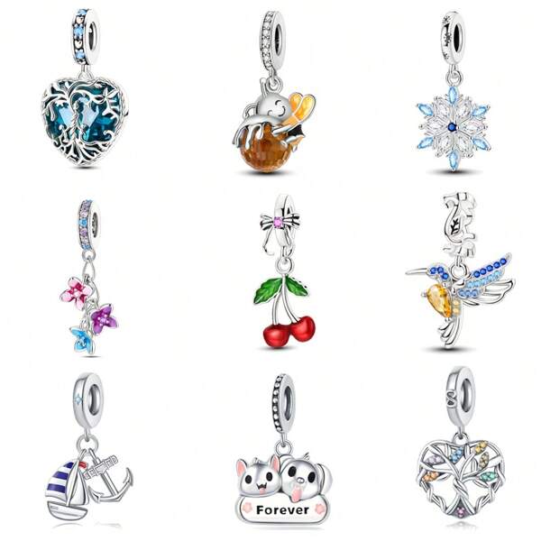 1 Pc 925 Silver Plated Bee Cherry Tricolor Flower Pendant Charm That Fits The Original Women's Bracelet DIY Accessory Jewelry Valentine's Day Gift