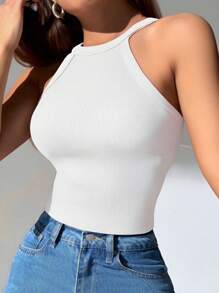 1pc Solid Color Ribbed Casual & Comfortable Minimalist Casual - Regular Casual Casual - Sports Casual Romantic - French Sleeveless Regular Style Spaghetti Strap Camisole With Chest Pads