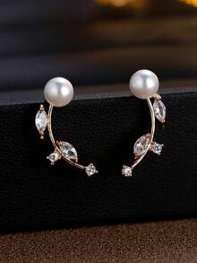 1 对经典优雅叶形人造珍珠耳环，适合女士日常、派对、节日佩戴