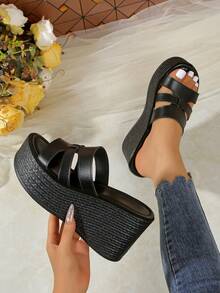 Women's Fashionable Platform Wedge Sandals, Open Toe Slip-On High Heels - Black - View 6