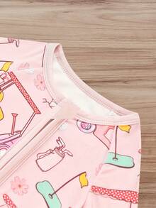 MOSSRIVER Newborn Baby Girl Stretch Comfortable Bamboo Fiber Skinny Edition Zipper Pink Jumpsuit Children's Hand Painting Series Hand Painted Cartoon Golf Club Car Full Body Printed Pattern Baby Baby Girl Bamboo Fiber Clothes - 粉色 - 查看 8