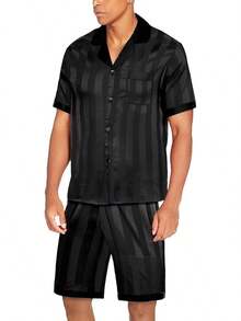 Men Satin Silk Set With Pockets Sleepwear Shorts Satin Summer Loungewear 2 Piece Button Down Set S-3XL - 條紋黑色 - 查看 2