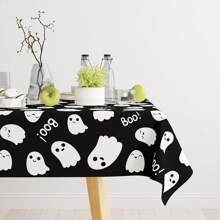 1 pieza Mantel rectangular, 145cm (57.08 pulgadas) de diámetro, 140x180cm (55.11 pulgadas x 70.86 pulgadas). Mantel de poliéster con estampado de fantasmas negros y blancos para Halloween, fondo negro con fantasmas blancos de dibujos animados y "¡BÚ!", adecuado para fiesta de Halloween, reunión de niños, decoración de restaurantes y decoración del hogar