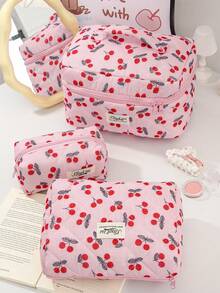 一套可爱樱桃印花化妆包，柔软绗缝拉链化妆收纳包，大容量带提手化妆包，多功能儿童化妆盒，便携式化妆袋，粉色旅行化妆包，女孩返校化妆包，女孩生日/返校礼物 - 彩色 - 查看 4