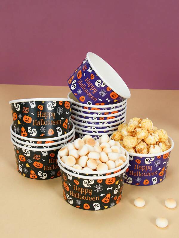 10 Halloween Paper Bowls, Happy Halloween Candy Bowls With Pumpkin And Ghost Patterns, Ice Cream Bowls, Popcorn Paper Bowls, Snack Bowls, Disposable Food Containers, Cookie Baking Bowls, Halloween Party Disposable Tableware, Halloween Party Supplies, Festive Home Kitchen Restaurant Supplies