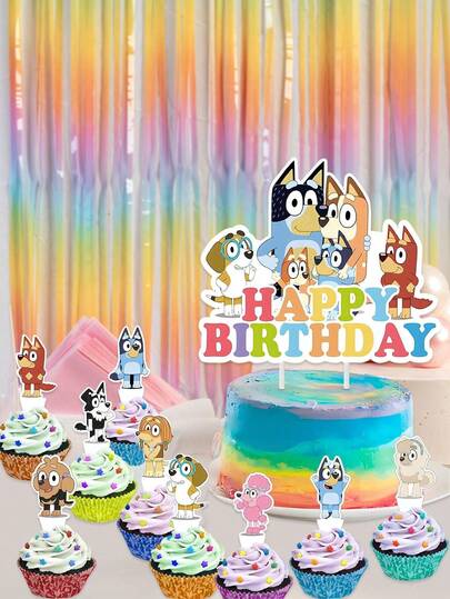 Bluey Global 蓝狗蛋糕蛋糕装饰卡通狗生日快乐派对用品生日蛋糕派对装饰生日节日主题派对用品家庭生日派对蛋糕装饰