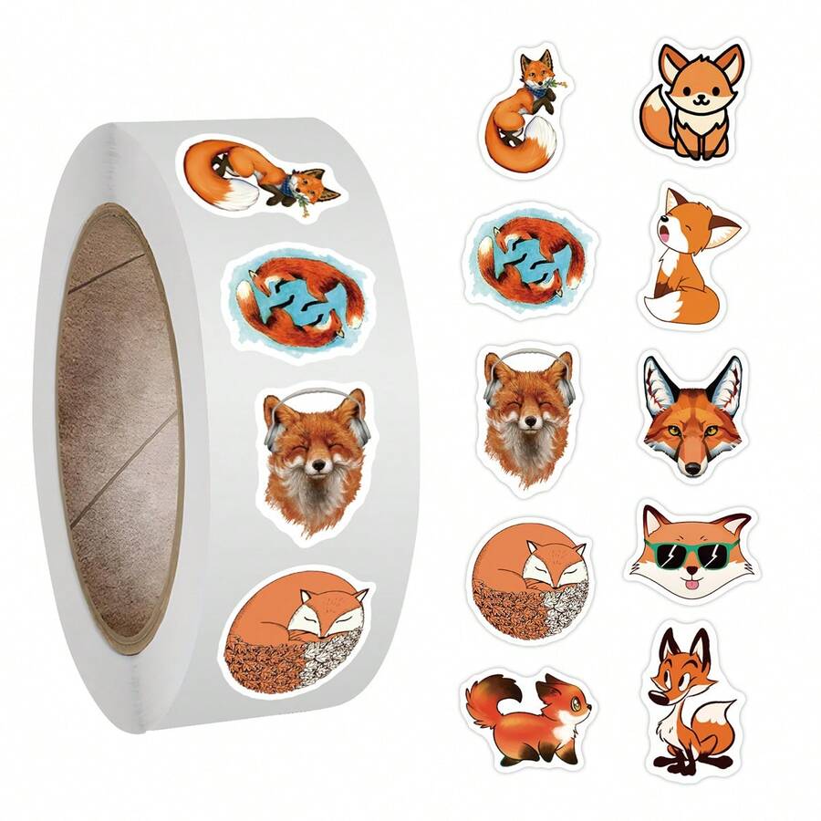 500pcs Fox Animal Stickers Roll Vinyl Stickers Scrapbook, Journaling, Laptop, Bumper, Skateboard, Water Bottles, Computer, Phone, Cartoon Anime - Multicolor - View 1