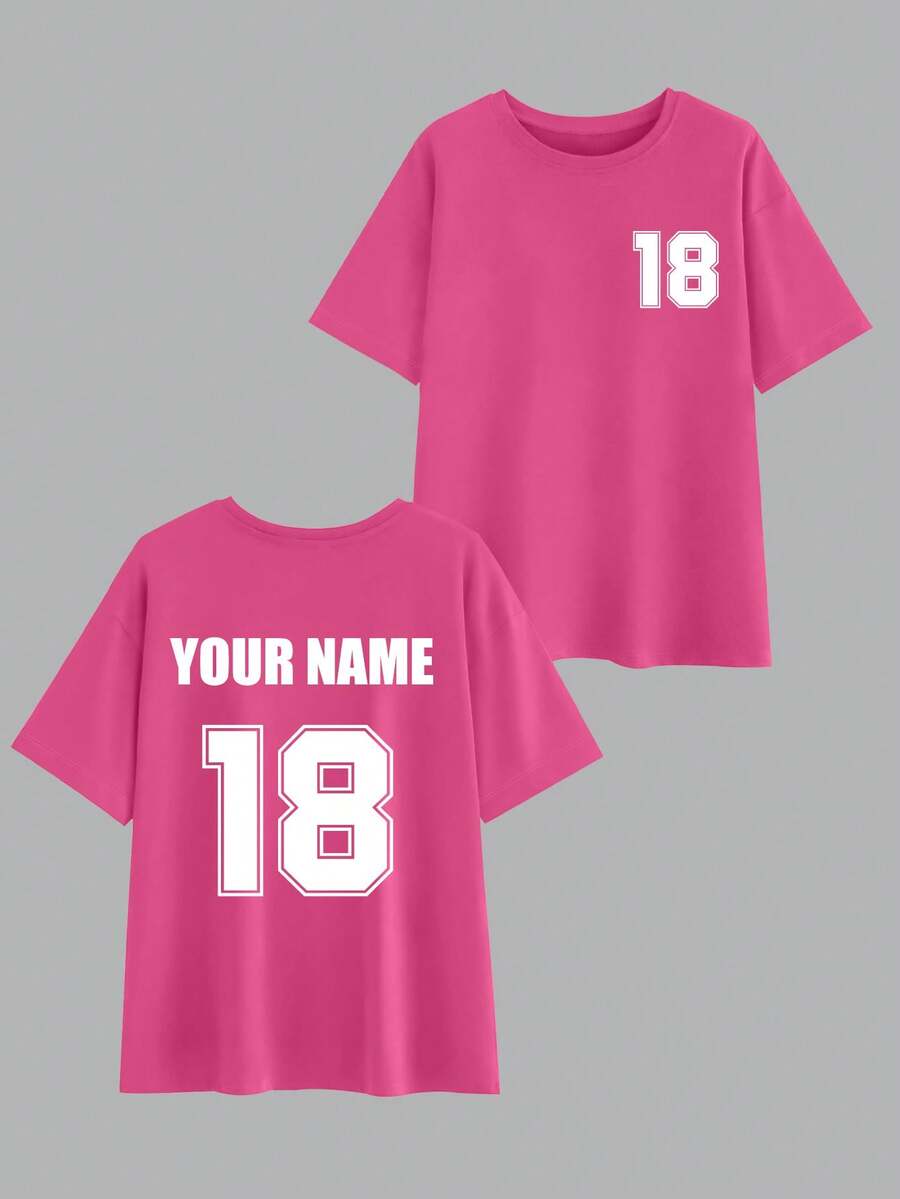 Customized Plus Size Women's T-Shirt, Front And Back Can Be Printed With Your Number Logo, Name/Text/Lucky Number. Sports Summer - Hot Pink - View 1