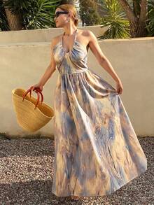 Livesso Tie-Dye Tie Dye Floral Print Long Spaghetti Strap Dress For Women Summer Cruise Women Outfits Sundress