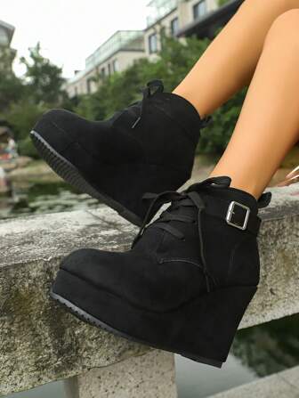 Women's Autumn/Winter New Short Boots, Nude Color Wedge Heel Thick Sole Lace-Up Outdoor Casual Comfortable Vacation Party Chelsea Boots