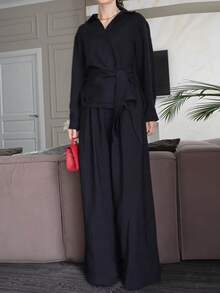 Women's 2 Pieces Set Featuring V-Neck Tie Front Long Sleeve Top & High Waist Casual Pants, Solid Color Casual