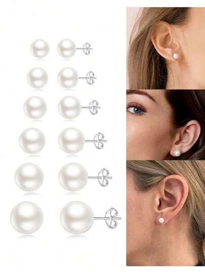 Dainty Pearl Earrings For Women: Hypoallergenic 6 Pairs Anti-Pearl Stud Earrings Set Stainless Steel Tiny Small And Big Ball Pearl Earrings For Women 3-10MM