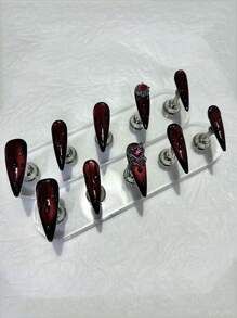 10PCS Dark Blood Red Hot Girl Press On Nails Handmade Red Cat Eye Blood Drops Vampire Red Diamonds Fake Nail Press On Nails Long Nail Supplies(1 Sheets Jelly Stickers+1PC Nail File) - Burgundy - View 4